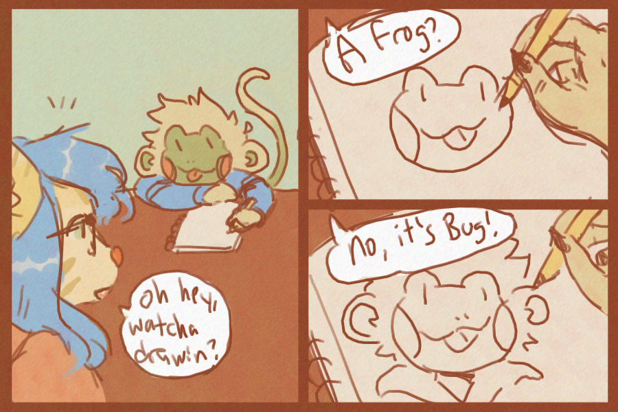 3 panel comic; momo initally things bug is drawing a frog, until adding more details makes it clearer it's actually a self-portrait