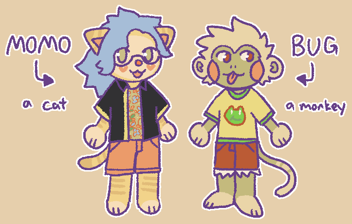 drawing of momo, a cat, and bug, a monkey. momo is an orange tabby with blue hair and green eyes, and bug is a beige and green monkey with a frog motif